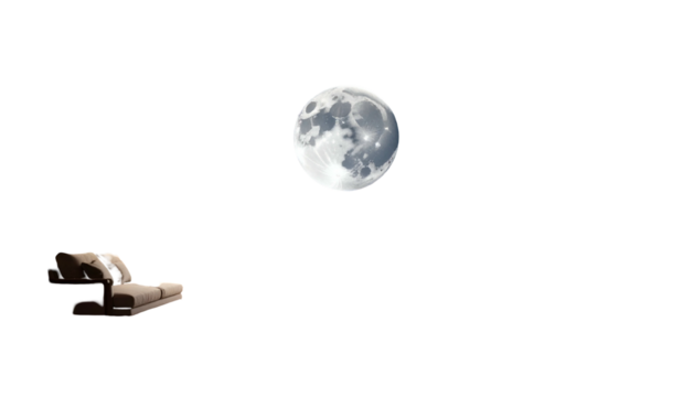 A sofa floats beneath a large, illuminated moon against a vast, black background