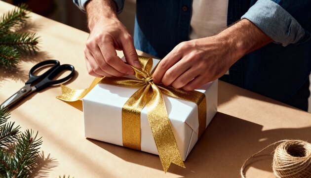Close-up of a man wrapping a Christmas present with a gold ribbon. Festive holiday preparation and gift giving. Person tying a bow on a white box - Powered by Adobe