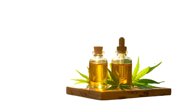 Two amber glass bottles of oil with green leaves, on wooden plank against black