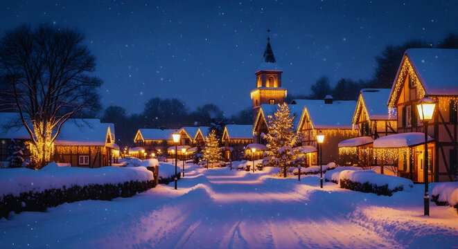 A romantic, atmospheric scene of a couple holding hands and walking away from the camera down a narrow, snow-covered street in a European town. The street is beautifully decorated for the Christmas - Powered by Adobe