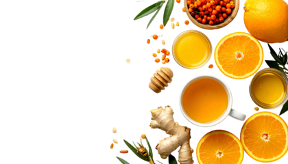 Arrangement of food and drinks, orange slices, honey, berries, and a mug on a black surface