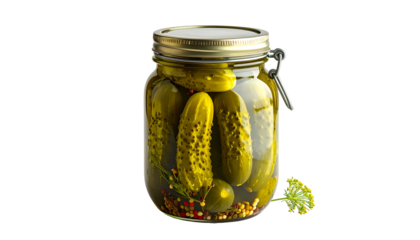 A jar filled with bright green pickles, submerged in brine, with herbs and spices