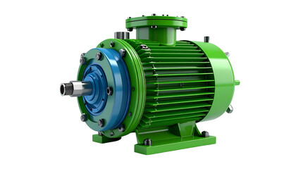 Green and blue industrial electric motor, isolated on black background, 3D render