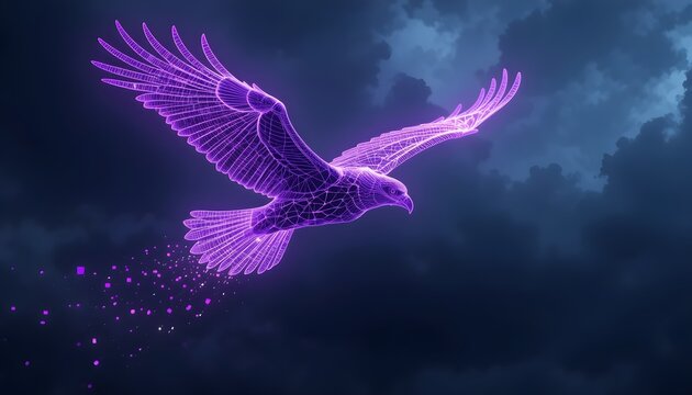 Cyber Eagle Flight: Purple Neon Wireframe Disintegrating in Sky - Powered by Adobe
