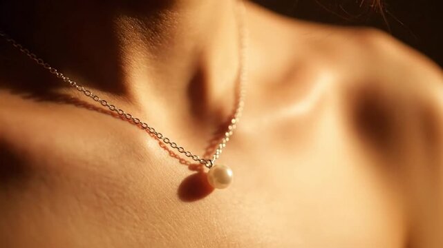 A delicate pearl necklace rests on a woman's sun-kissed collarbone with soft lighting.