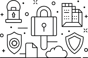Cyber security icons: lock, shield, cloud, building, document