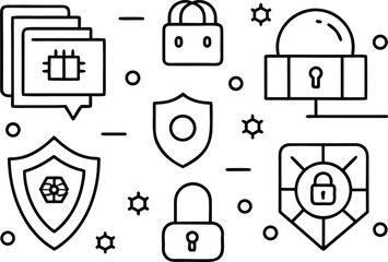 Cybersecurity and data protection icons collection in line art style