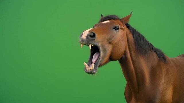 Brown Horse Yelling Neigh Green Screen Slow Motion Video