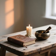 Candle, Singing Bowl, and Book for a Meditation and Spiritual Practice Altar