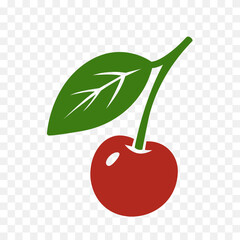 Single cherry fruit with green leaf. Flat vector red cherry illustration for summer, food design, healthy eating and natural artworks