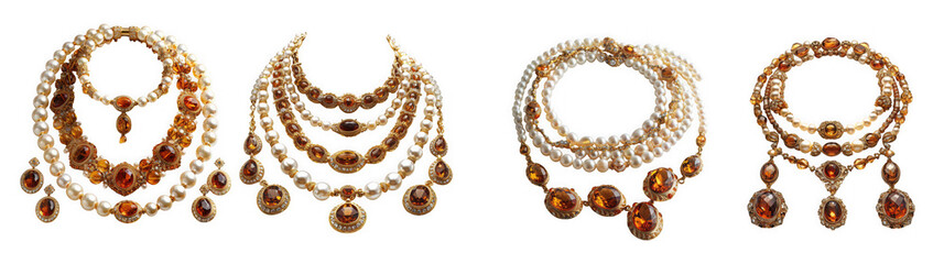 Obraz premium Collection of ornate necklaces with amber and pearl beads isolated on transparent background
