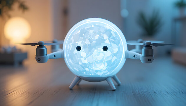 Cute AI Drone: Glowing Spherical Robot with Digital Face