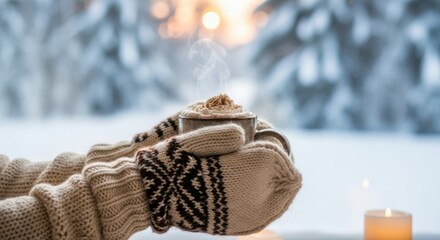 Woman in mittens holding hot drink mug with steam during cold season. Cozy winter beverage for comfort and relaxation.
