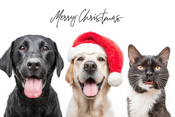 Merry Christmas greeting from three happy pets a black lab a golden retriever wearing a Santa hat and a black and white cat on a white background
