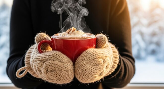 Woman in mittens holding a steaming red mug of hot chocolate with whipped cream for winter drink commercial or Christmas card - Powered by Adobe