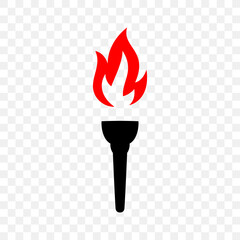 Single burning torch icon with red flame. Flat vector illustration of black silhouette torch for sports, ceremony, freedom and celebration design themes