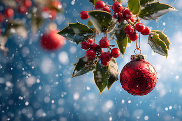 A festive red ornament hangs from a holly branch with snow falling and bokeh lights in the background