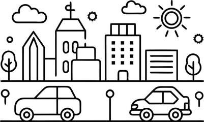 Fototapeta premium Cityscape icon with cars, buildings, sun, and clouds on white background