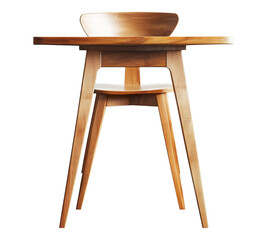 A wooden table and chair are shown in a white background