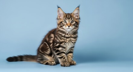 Obraz premium Adorable striped kitten with large ears sitting gracefully against a soft blue background, showcasing playful demeanor and captivating charm in a delightful pet portrait