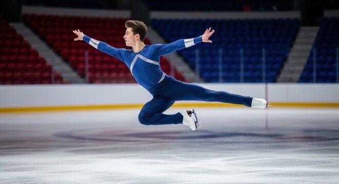 Male figure skater performing jump on ice in arena. Athlete in action during competition or training. Professional winter sport for advertising.