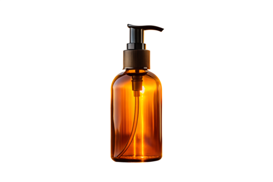 Amber glass bottle with black pump dispenser, showcasing a sleek and modern design perfect for skincare or cosmetic products