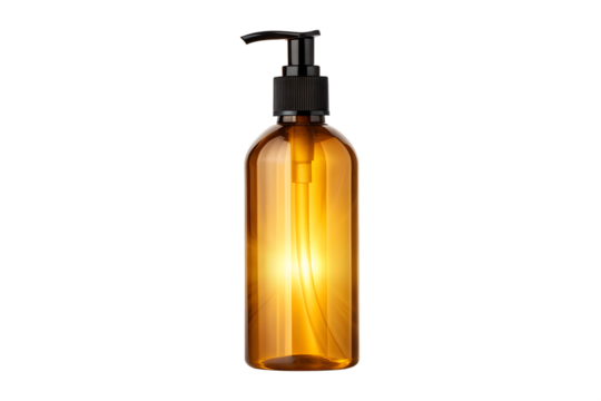 Amber Glass Bottle with Black Pump Dispenser Mockup for Shampoo, Lotion, Soap or Sanitizer. Liquid Container