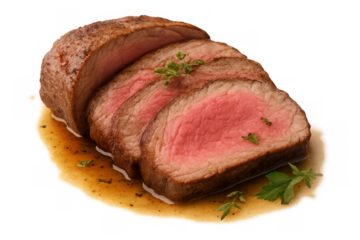 Sliced roast beef tenderloin with gravy and fresh herbs, depicting a gourmet food concept on transparent background
