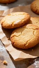 Naklejka premium Golden-brown cookies are displayed on parchment paper, showcasing a crunchy texture and inviting aroma, perfect for a sweet treat.