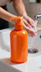 A vibrant orange pump bottle sits by a sink, with a person washing their hands in the background, emphasizing cleanliness and hygiene.