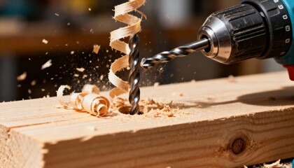 A close-up of a power drill creating a hole in wood, with shavings spiraling from the bit, showcasing craftsmanship and woodworking techniques.
