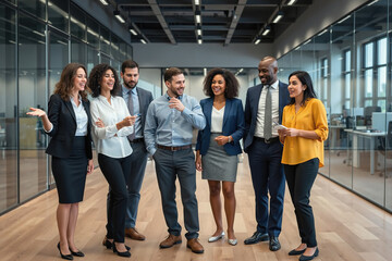 Group of seven business professionals standing together in a modern office, smiling and discussing, likely during a meeting or presentation.