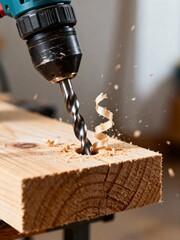 A close-up of a drill bit penetrating wood, with shavings flying, highlighting the precision and action of drilling in woodworking.