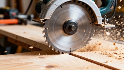 A close-up of a circular saw cutting through wood, sending sawdust flying, showcasing precision and power in woodworking.