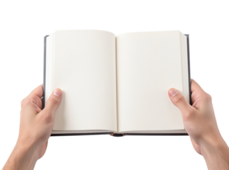 Open book in hands ready for your creative writing, ideal for journaling, note-taking, or drawing inspiration with blank pages for your thoughts and ideas