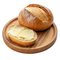 Sourdough Bread with Butter on Wooden Plate, Isolated on Transparent Background