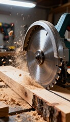 A circular saw is cutting through wood, sending sawdust flying, showcasing a dynamic woodworking scene in a workshop.