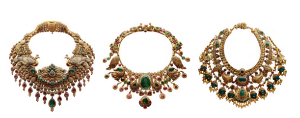 Opulent emerald and gold necklaces with intricate designs isolated on transparent background