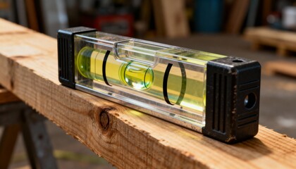 A clear spirit level resting on a wooden beam, showcasing its bubble indicator for measuring horizontal or vertical alignment in construction.