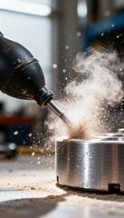 A close-up image capturing a drill in action, creating sparks and dust, showcasing the precise moment of machinery at work.