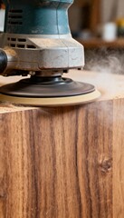 A close-up of a sander smoothing a wooden surface, with dust particles visible in the air, highlighting craftsmanship in woodworking.