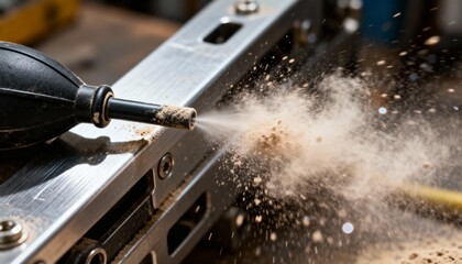 A close-up of a tool blowing dust and debris, highlighting precision and craftsmanship in a workshop environment.