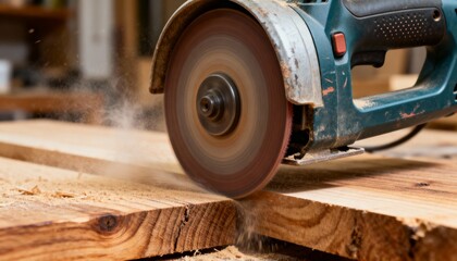A close-up of a circular saw cutting through wooden planks, creating sawdust and showcasing the power of woodworking tools in action.