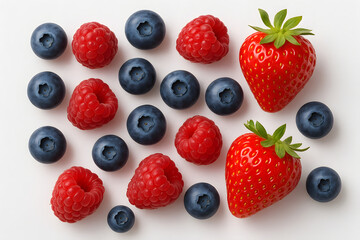 Fresh mixed berries flat lay on white background