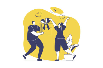 Valentine's Day web concept with flat people for website design. Man giving romance gift to woman. Couple going on surprise date together and celebrating romantic holiday. Vector illustration.