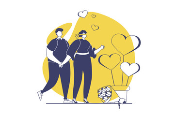 Valentine's Day web concept with flat people for website design. Couple going on blind surprise date together. Man giving romance gift to woman and celebrating romantic holiday. Vector illustration.