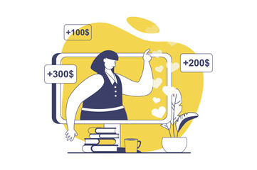 Video streaming web concept with flat people for website design. Woman broadcasting online and communicating virtually, followers watching and sending donate money to streamer. Vector illustration.