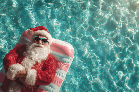 Santa Claus relaxing on a pool float wearing sunglasses on a sunny day
