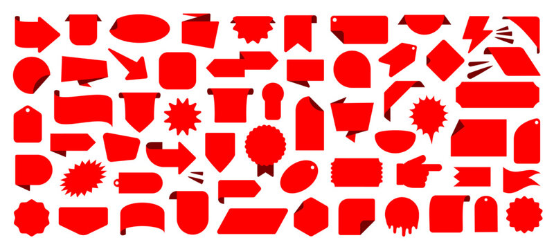 Red promo sticker set, sale or discount sticker, tag and price labels, starburst promotional badge shopping labels, coupon sale banners, adhesive offer stickers