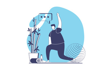 Yoga training web concept with flat people for website design. Man doing yoga asanas at mat in studio, practicing stretching postures and balance exercises with fit ball in gym. Vector illustration.